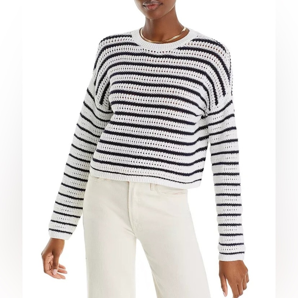 Aqua Cotton Knit Crewneck Sweater White/Navy L17307 Womens Size M